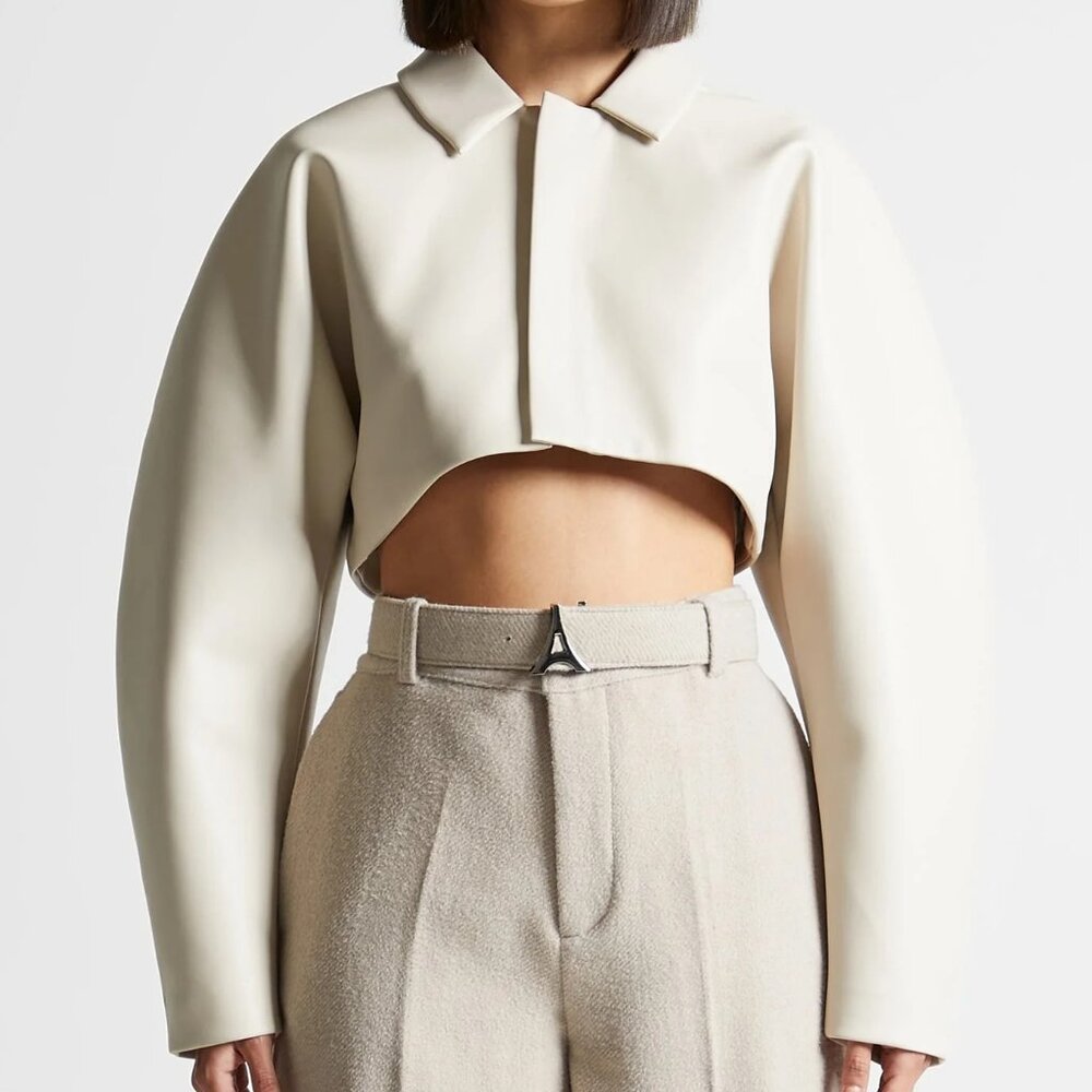 Maniere De Voir Leather Super Cropped Jacket in Beige/Brown - Size US 6 (NWD)